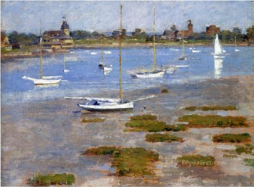 Theodore Robinson Painting - Low Tide The Riverside Yacht Club boat Theodore Robinson